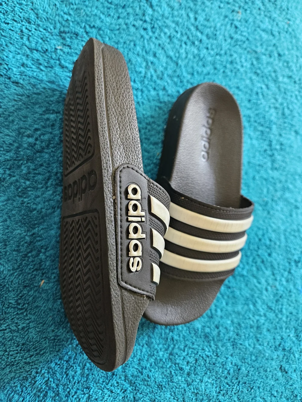 Adidas  Kids Black and White Stripe Slide Sandals -